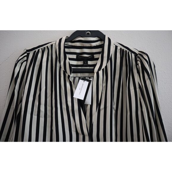 Banana Republic 582096 Women Petite Sz M Beige Striped Volume-Sleeve Blouse - Picture 6 of 7